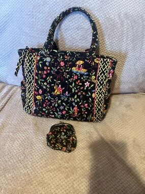 Vera Bradley Vintage Quilted Floral Tote Bag with Coin Purse - Black Floral